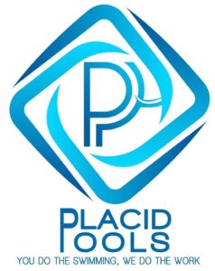 Placid Pools logo with slogan in blue