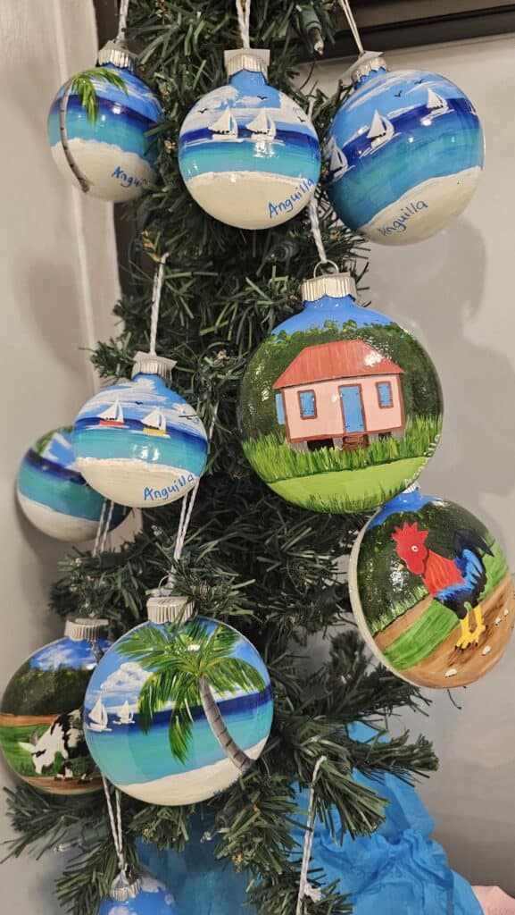 Brightly decorated ornaments showcasing beach, island, and rural themes perfect for vacation or tropical decor.